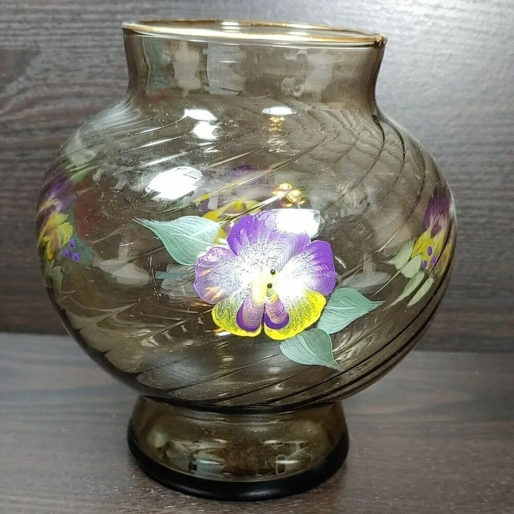 Hand Painted Floral Swirl Ribbed Gold Rim Brown Glass Vase Vintage Local Artist